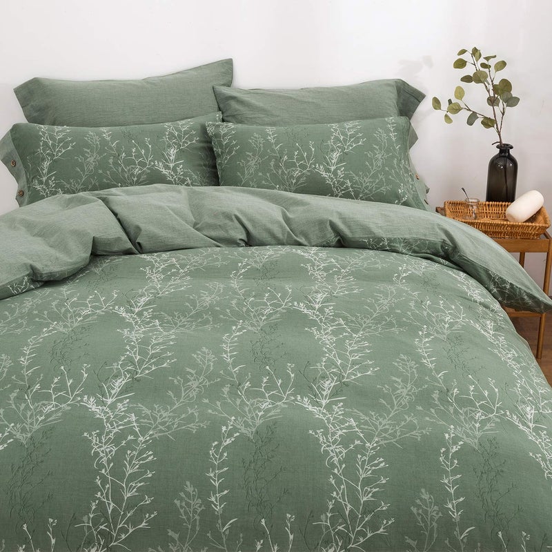 OREISE Duvet Cover Set Full/Queen Size Washed Cotton Yarn, Jacquard Green and White Thin Branch Pattern Floral Style 3Piece Bedding Set - Image 3